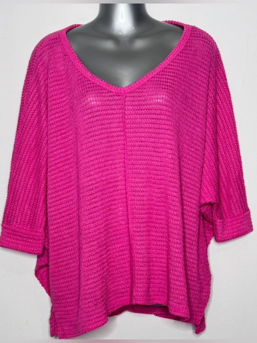 Zenana Hot Pink V Neck Oversized Textured Knit Sweater S/M Cuffed Sleeves